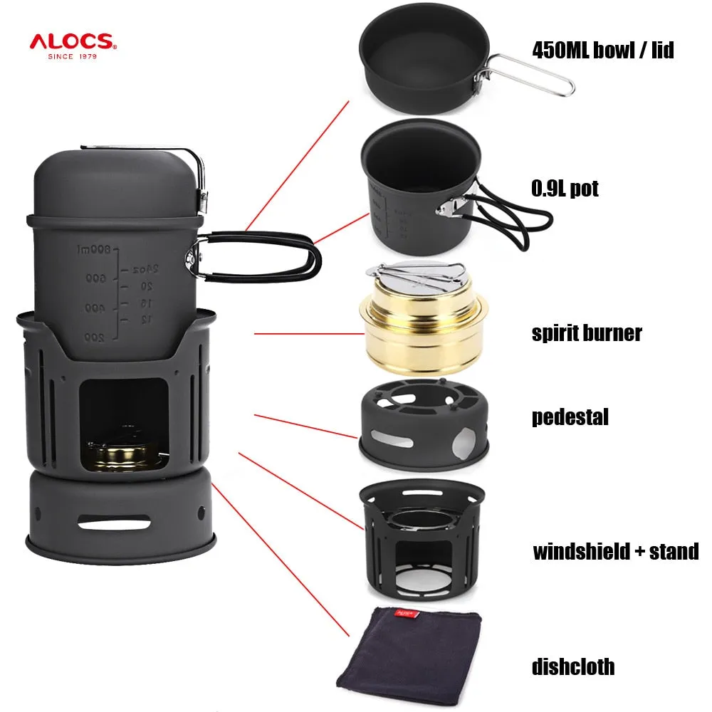 ALOCS CW-C01 7pcs Outdoor Camping Cooking Set Portable Stove Camping Cookware Pots Bowl Cooker Stove Picnic BBQ Travel 1-2Person