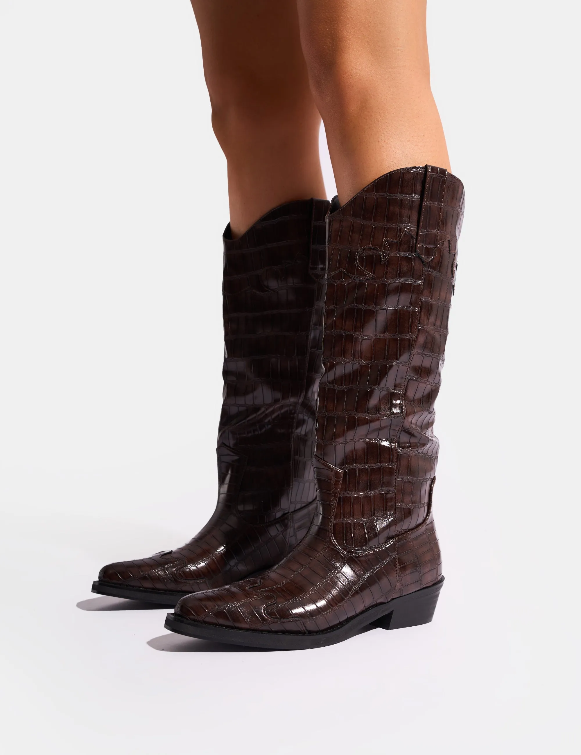 Apollo Brown Croc Wide Fit Flat Western Knee High Boots