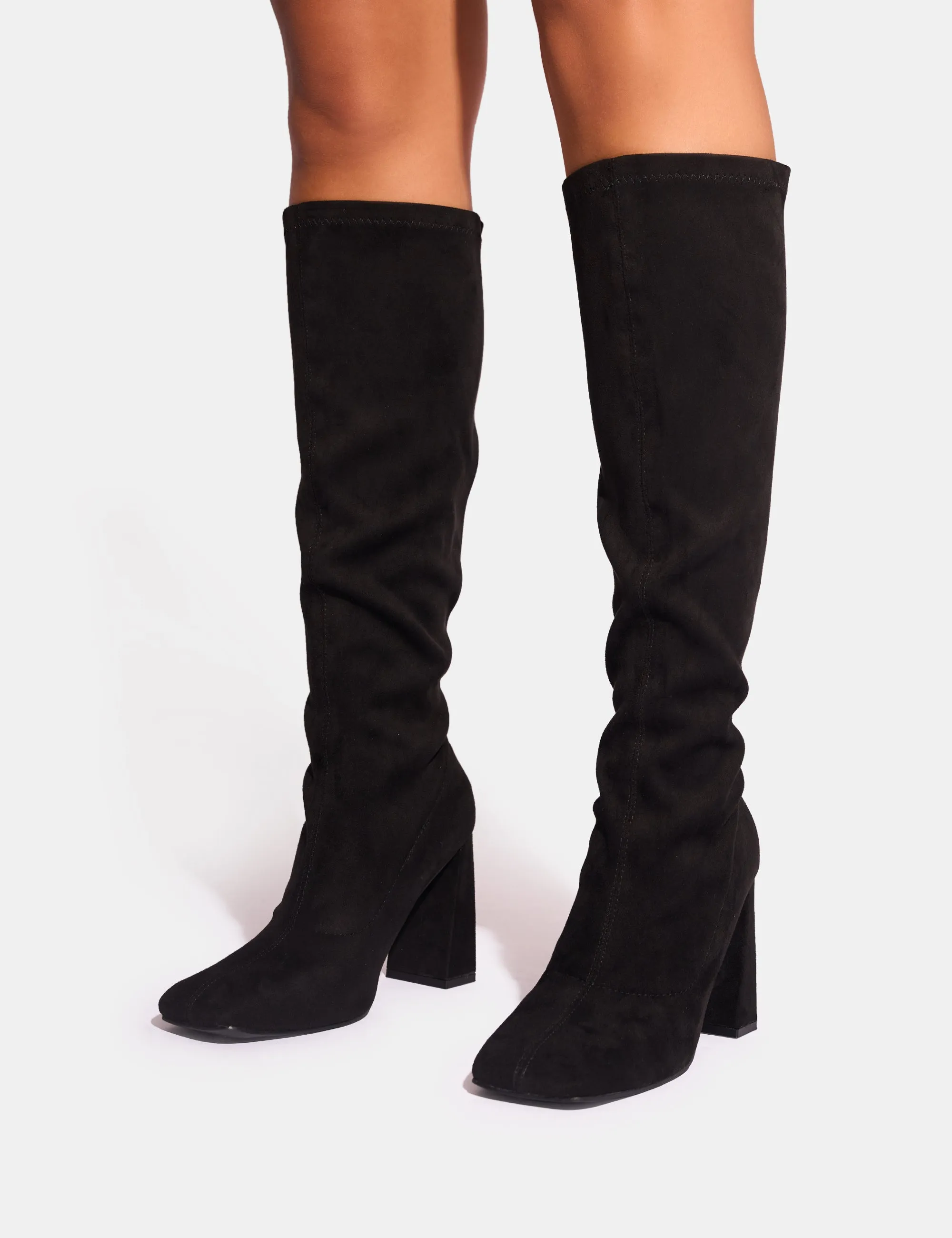 Audrina Black Suede Wide Fit Block Heel Knee High Sock Boots