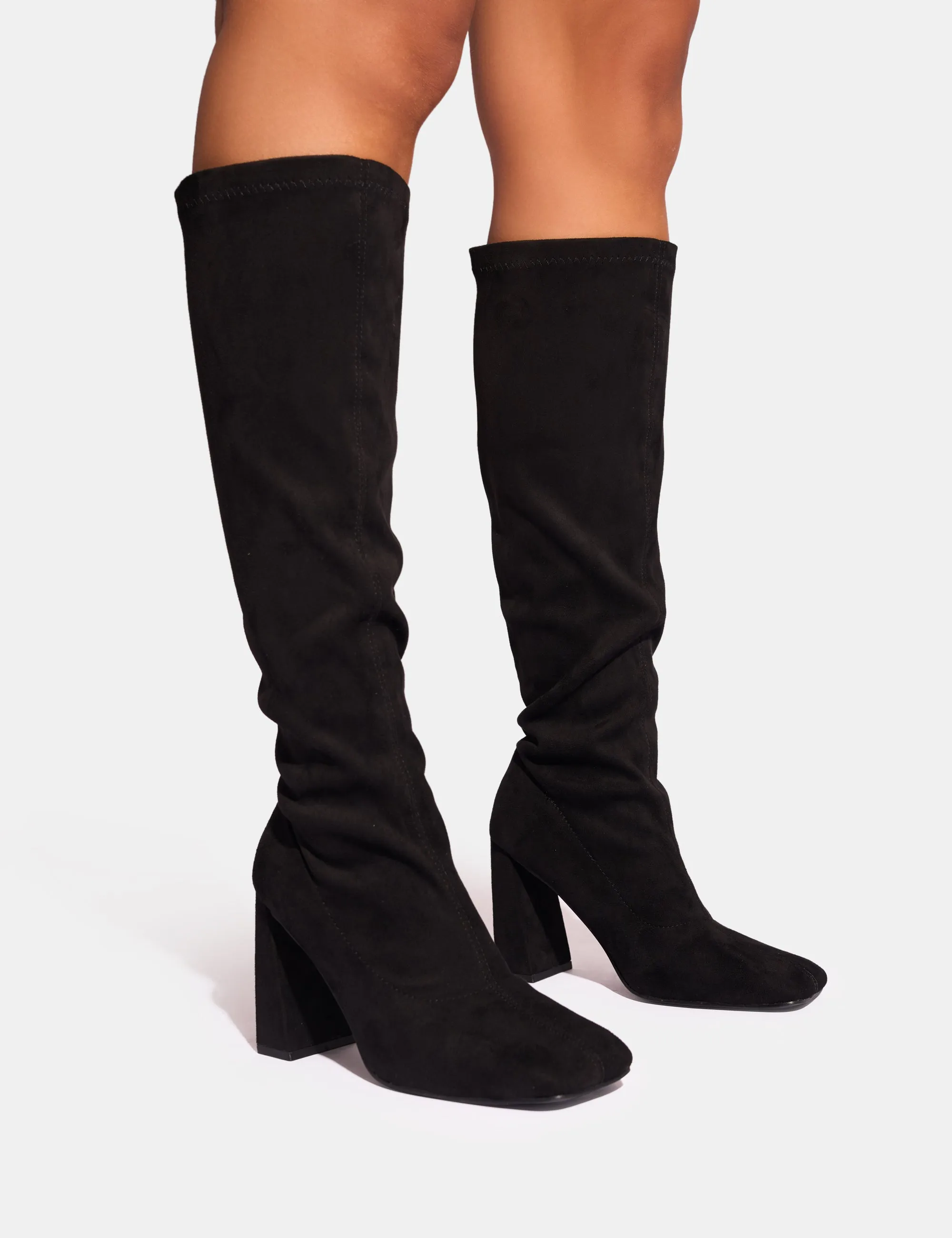 Audrina Black Suede Wide Fit Block Heel Knee High Sock Boots