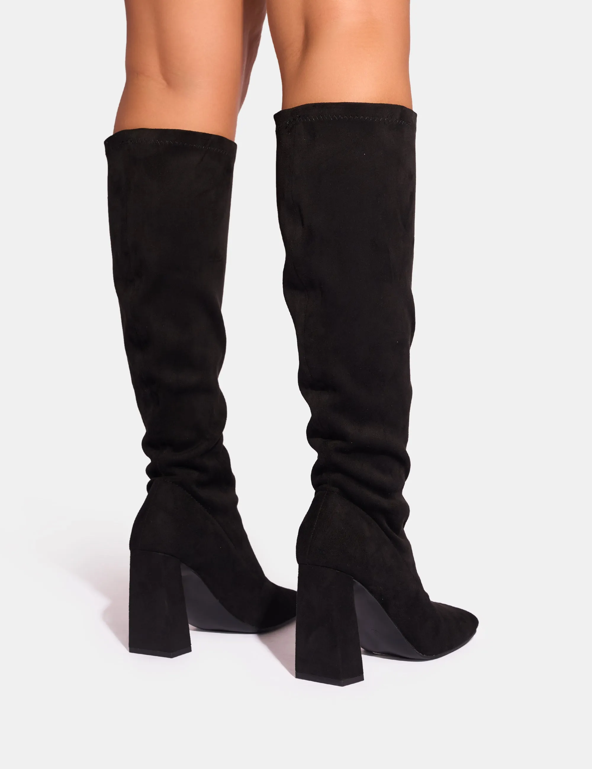 Audrina Black Suede Wide Fit Block Heel Knee High Sock Boots