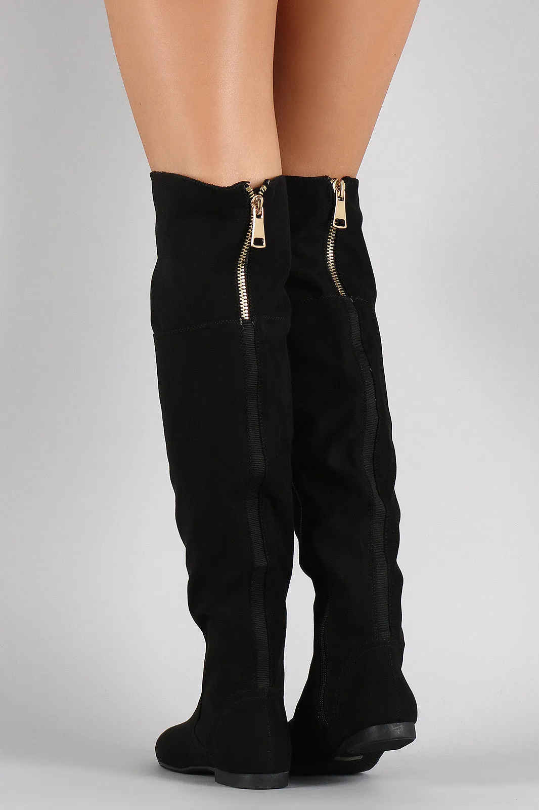 Bamboo Faux Suede Zipper Collar Knee High Boot