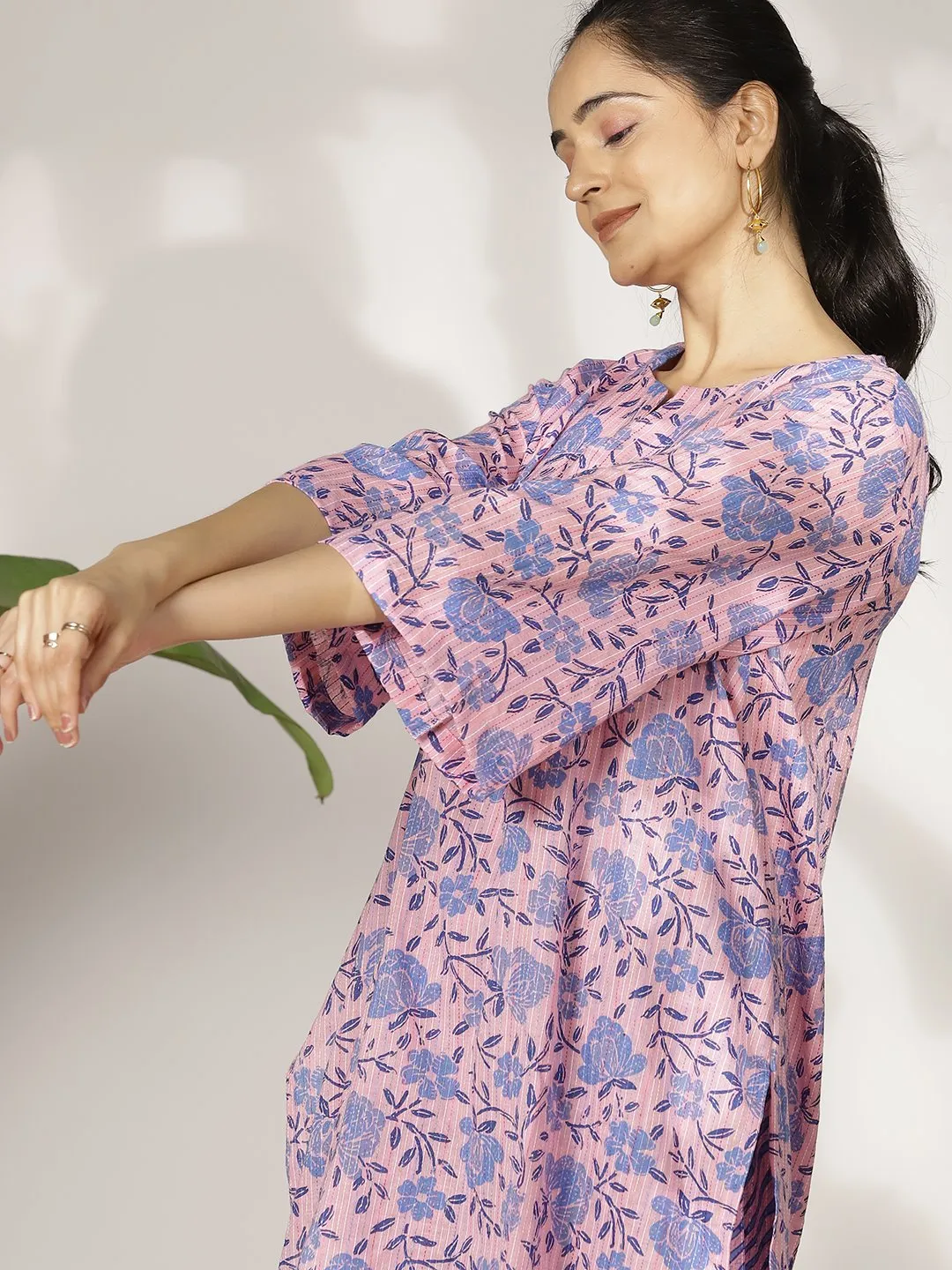 BlueFloral Cotton LongKurta