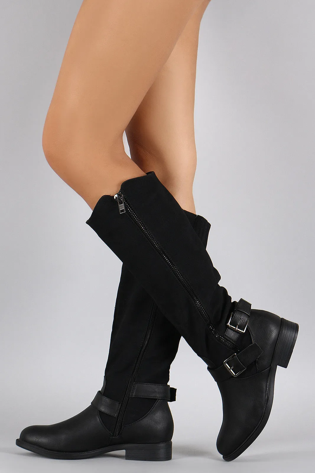 Buckled Zipper Riding Knee High Boot