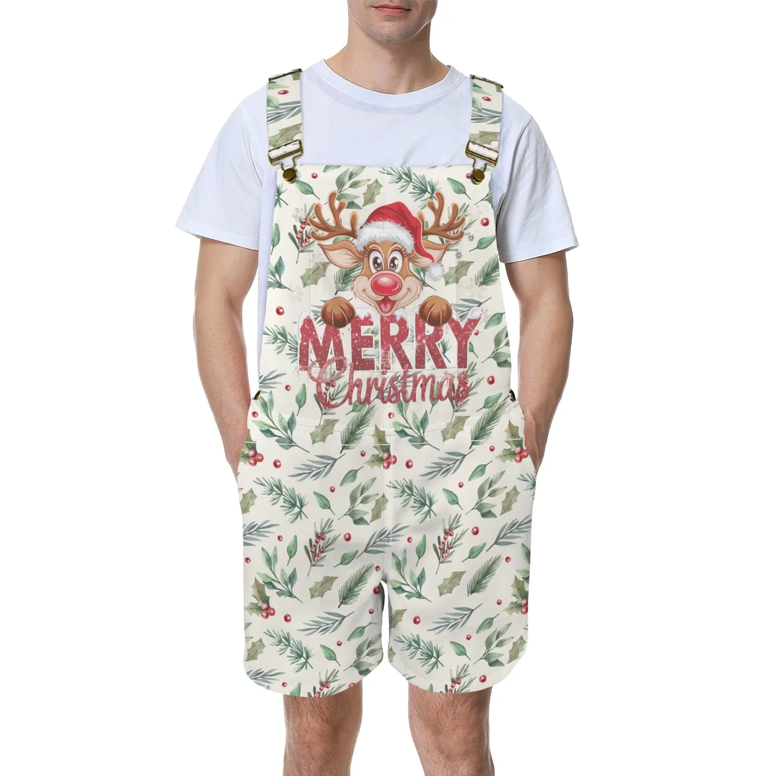 Christmas Poinsettia Reindeer Unisex Shorts Suspender Jumpsuit