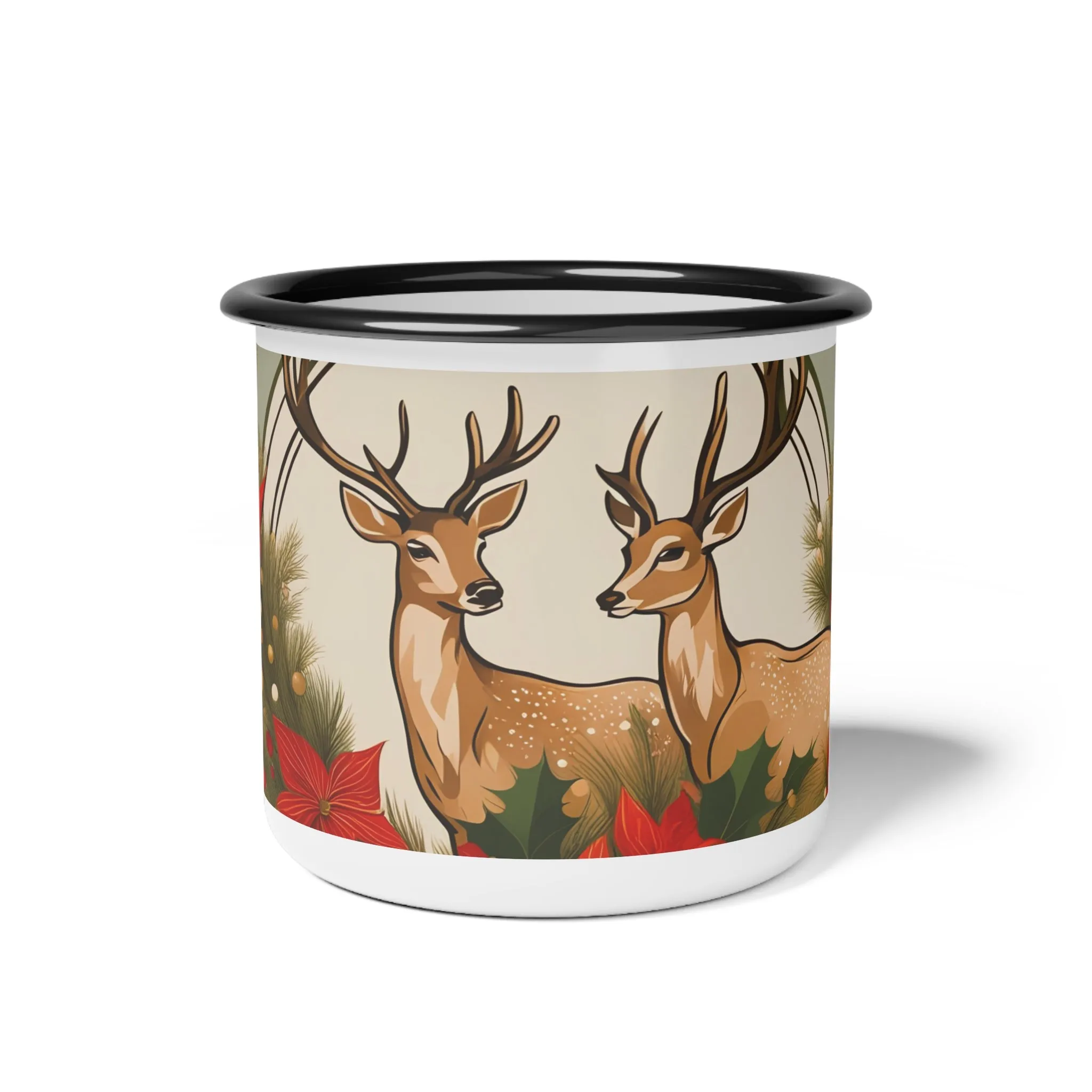 Deer with Evergreen Foliage, Enamel Camping Mug for Coffee, Tea, Cocoa, or Cereal - 12oz