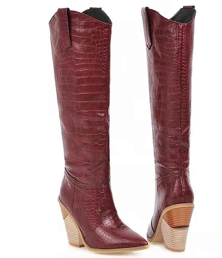 Faux Leather Western Cowboy Knee High Boots