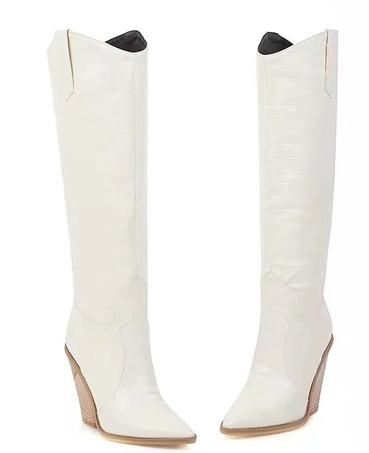 Faux Leather Western Cowboy Knee High Boots