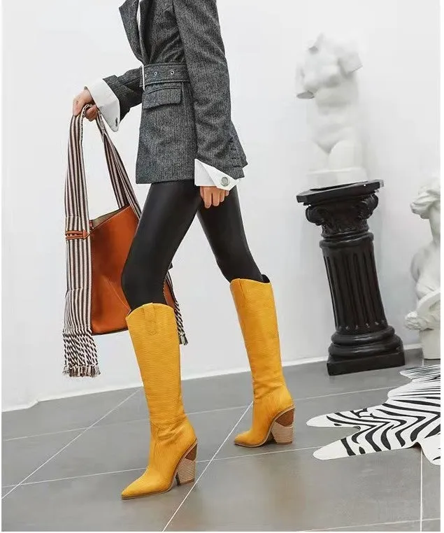 Faux Leather Western Cowboy Knee High Boots