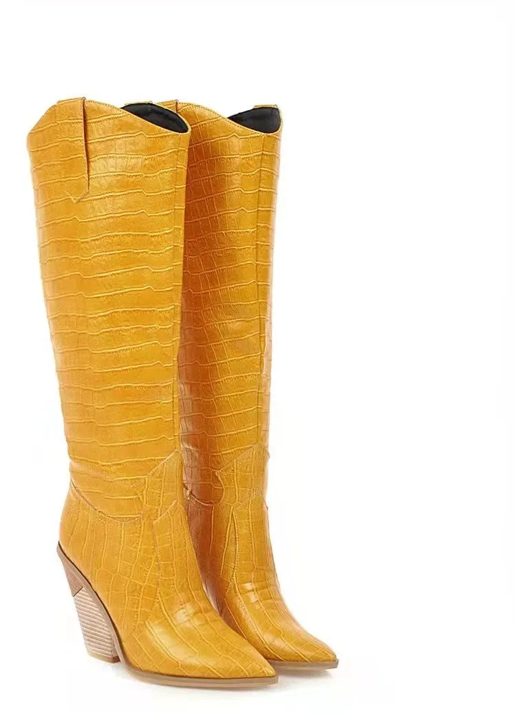 Faux Leather Western Cowboy Knee High Boots