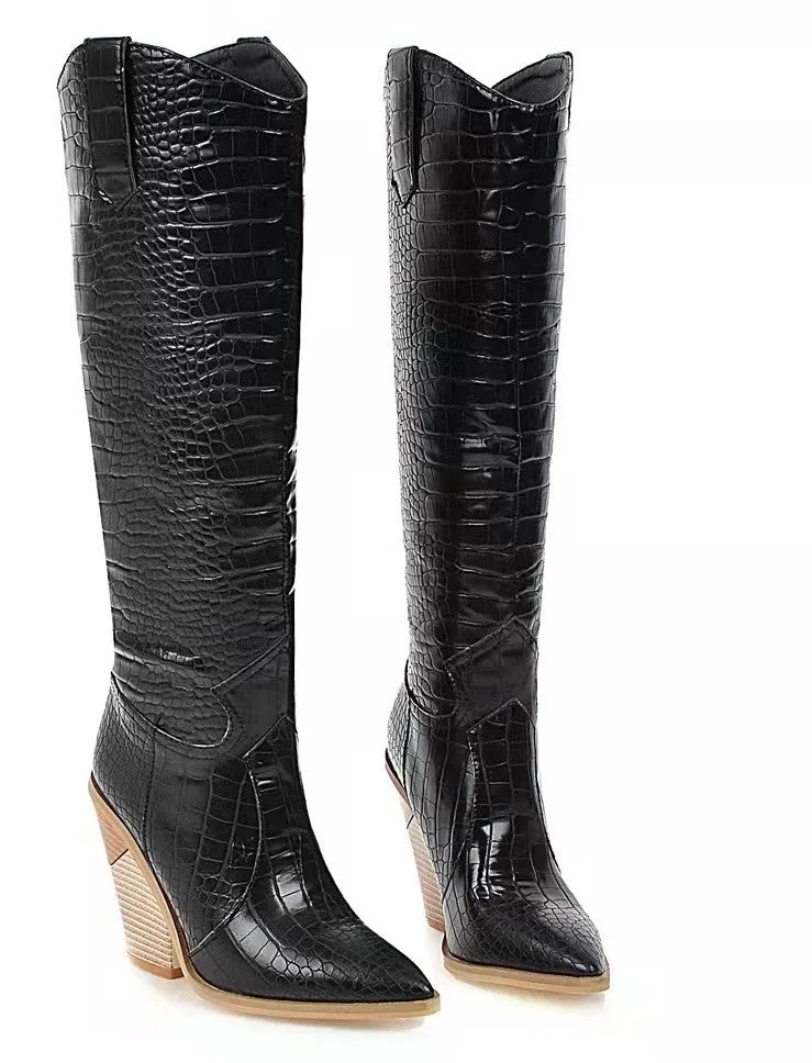 Faux Leather Western Cowboy Knee High Boots