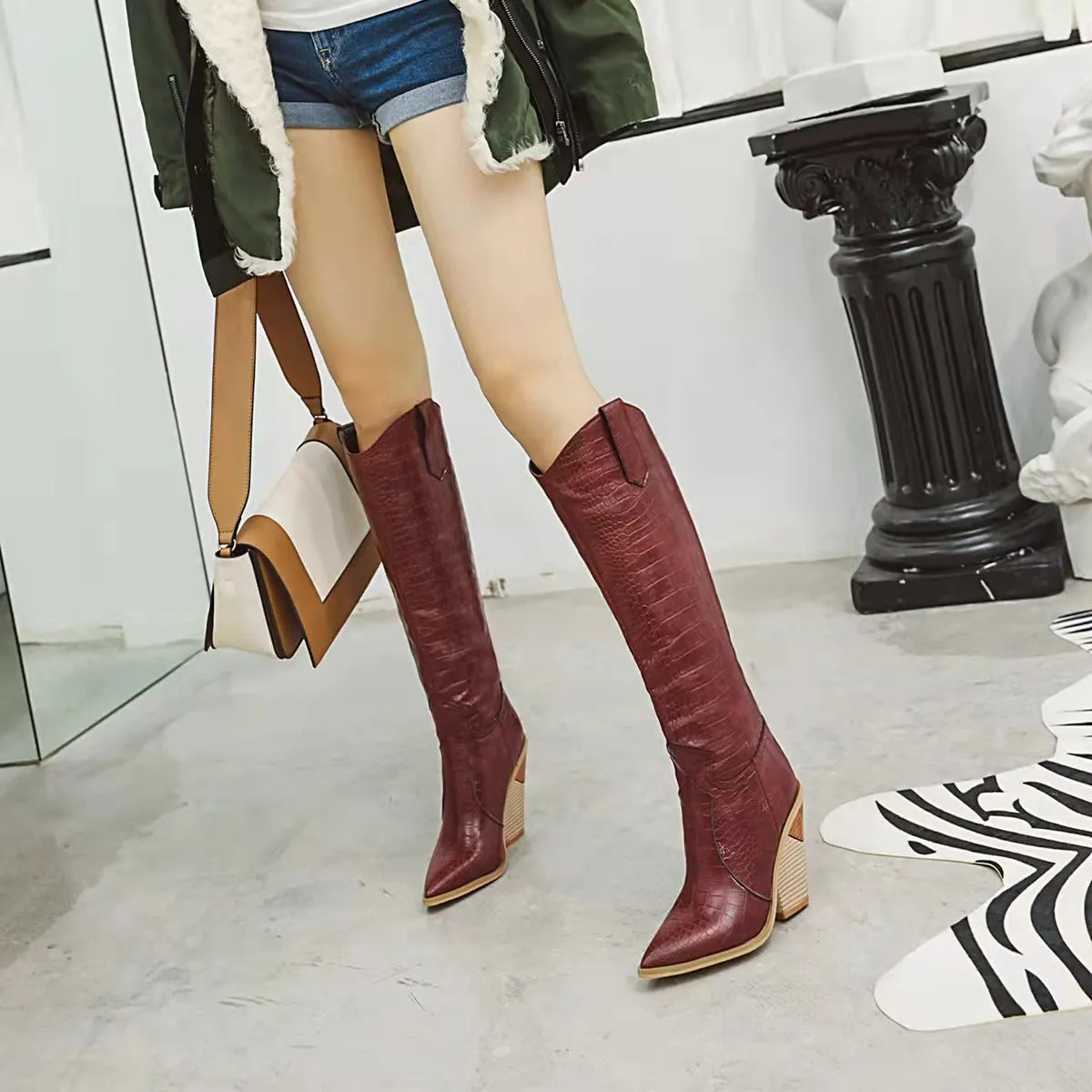 Faux Leather Western Cowboy Knee High Boots