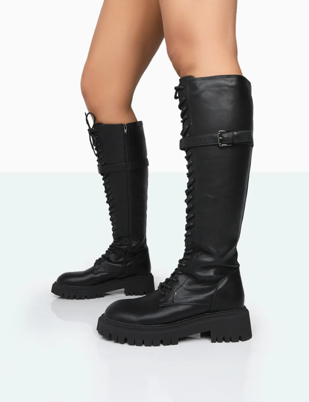 Lainey Black Pu Chunky Sole Lace Up Knee High Boots