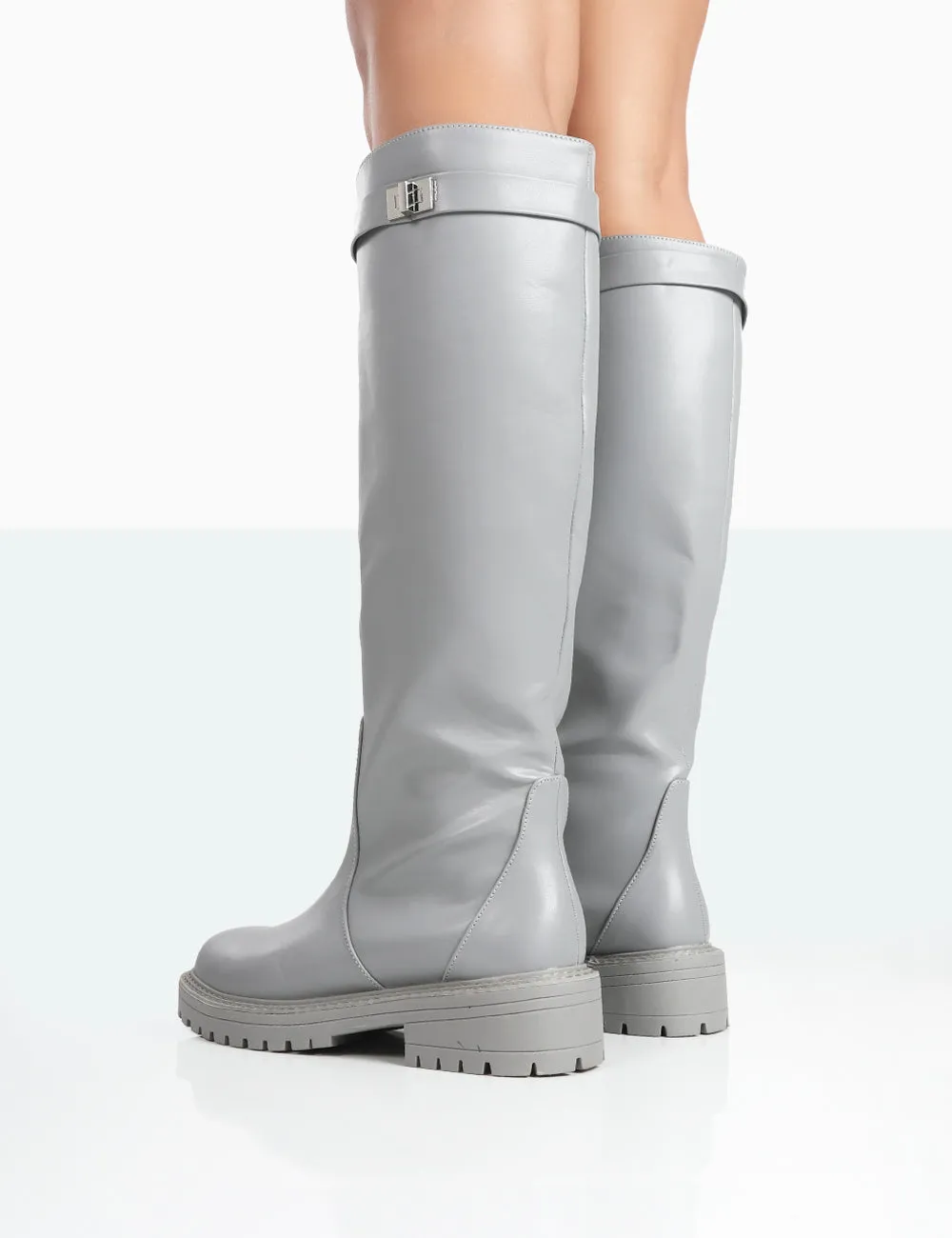 More Fun Wide Fit Grey Pu Round Toe Chunky Sole Knee High Boots