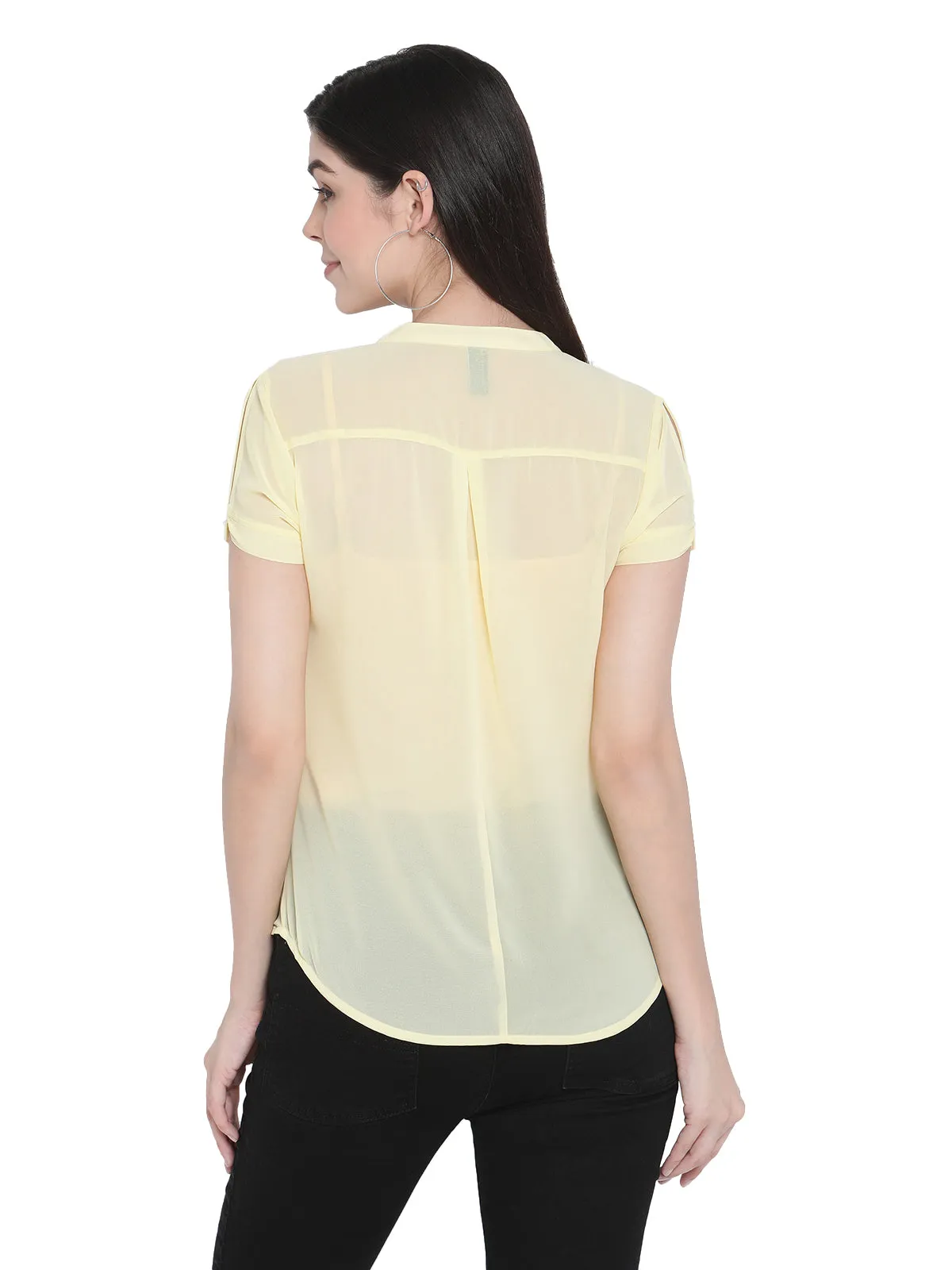 Porsorte Womens Yellow Georgette Short Sleeve Shirt Top