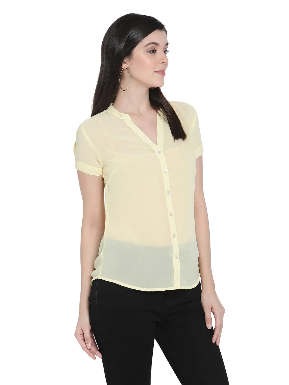 Porsorte Womens Yellow Georgette Short Sleeve Shirt Top