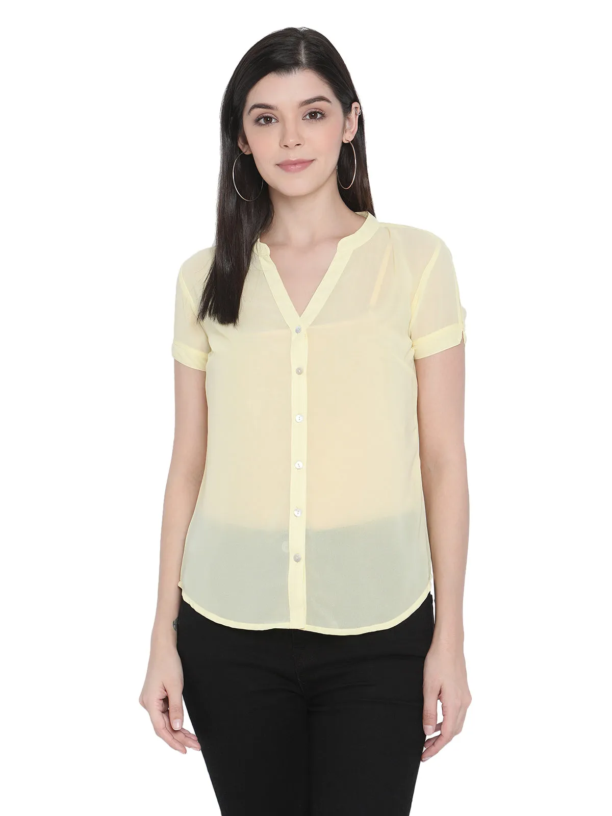 Porsorte Womens Yellow Georgette Short Sleeve Shirt Top