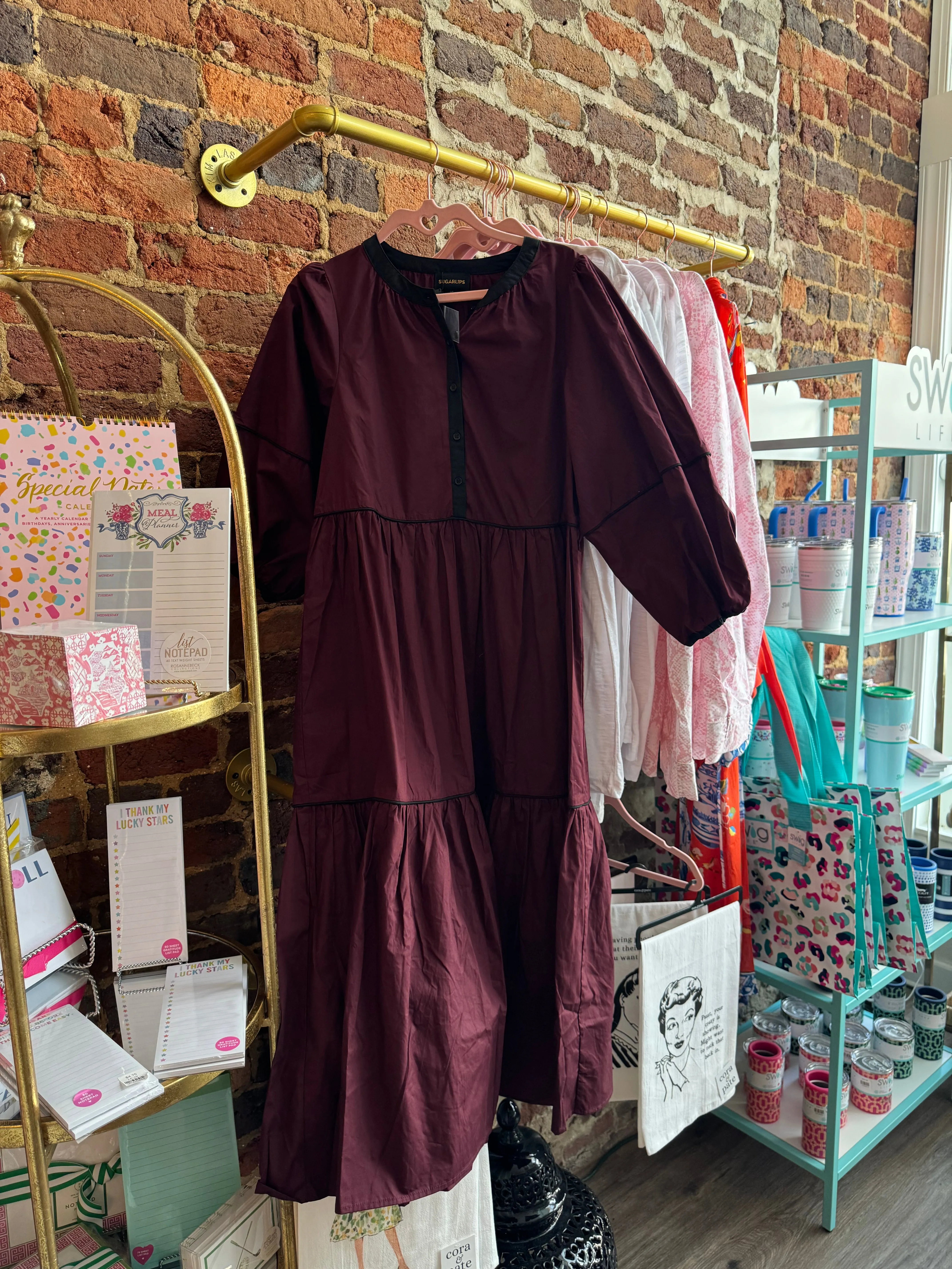 Saddy Long Sleeve Button Up Midi Dress- MAROON