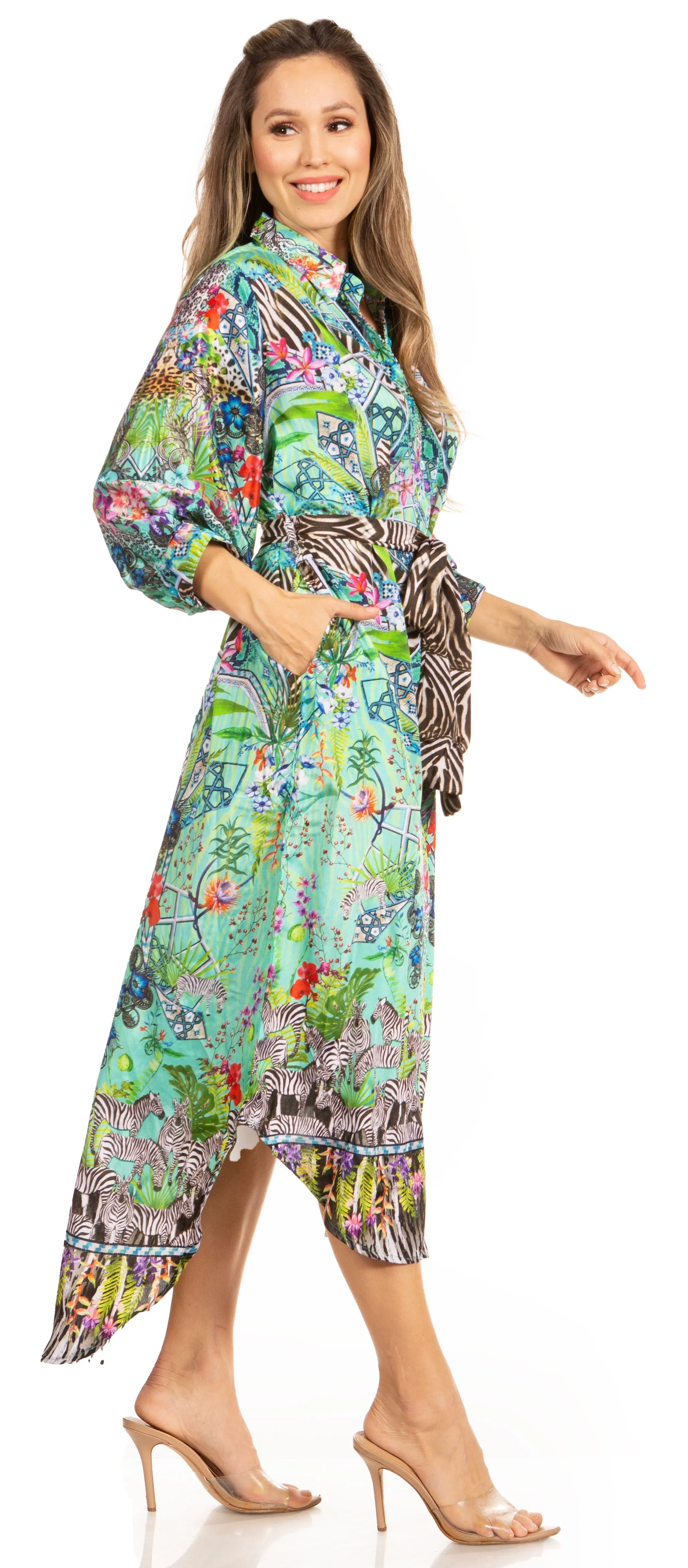 Sakkas Rina Women's Floral Print Maxi Dress with Long Sleeves and Flounce Shirt Design