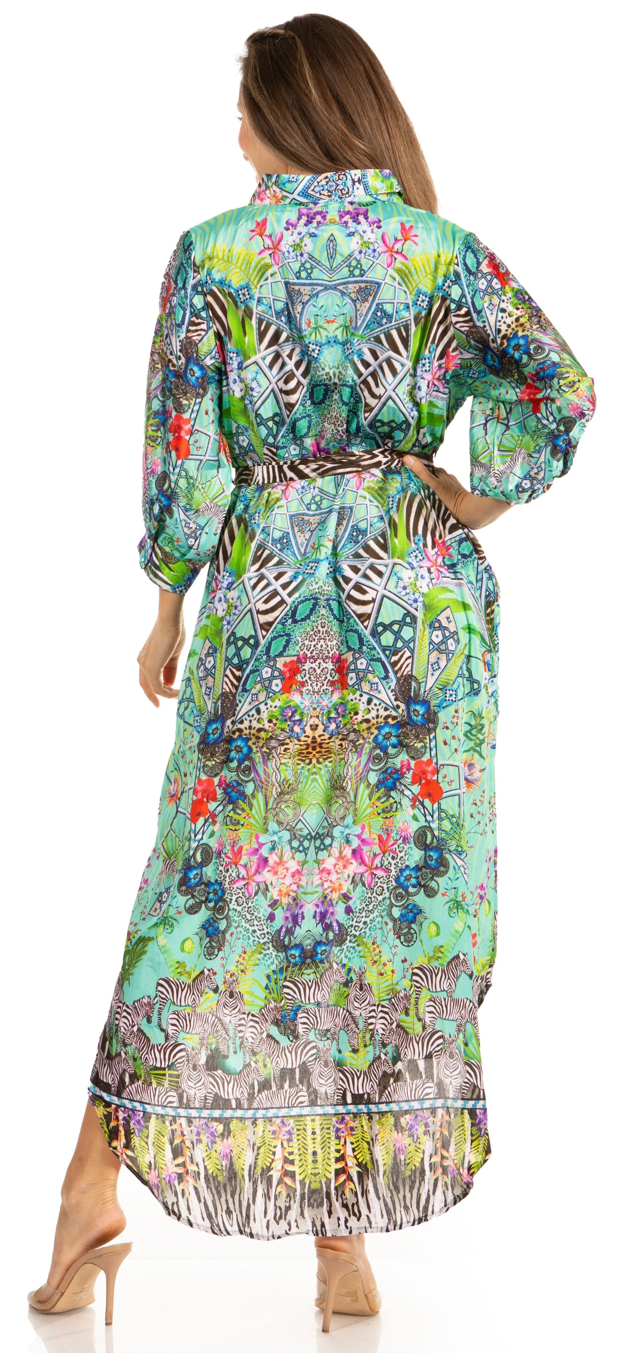 Sakkas Rina Women's Floral Print Maxi Dress with Long Sleeves and Flounce Shirt Design