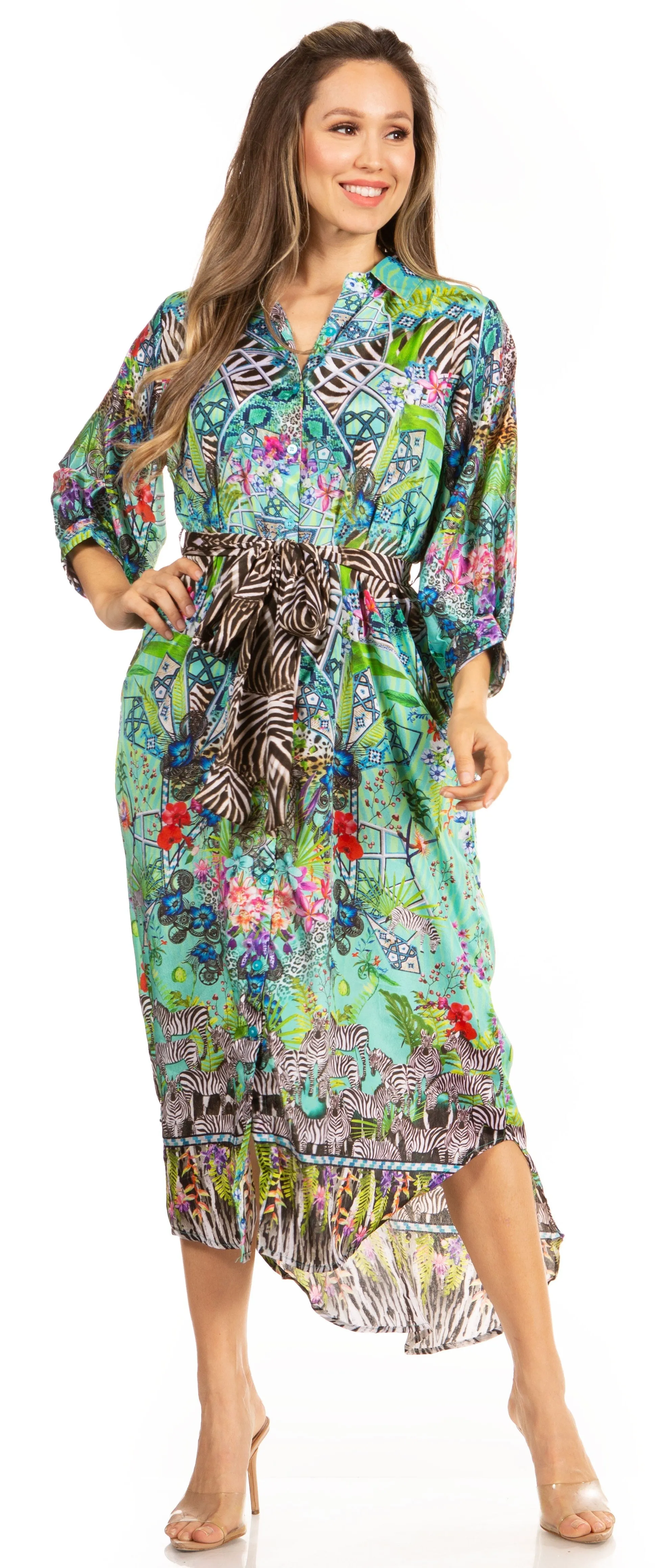 Sakkas Rina Women's Floral Print Maxi Dress with Long Sleeves and Flounce Shirt Design