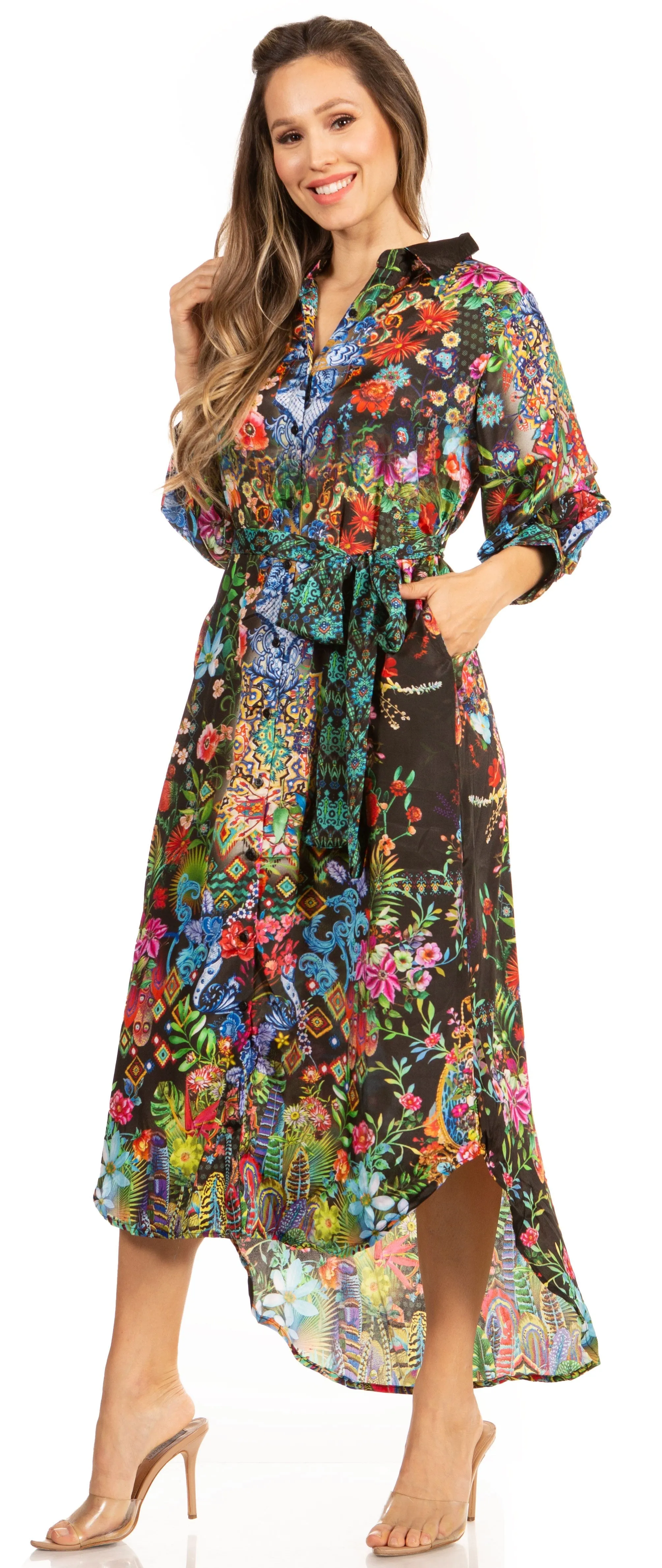 Sakkas Rina Women's Floral Print Maxi Dress with Long Sleeves and Flounce Shirt Design