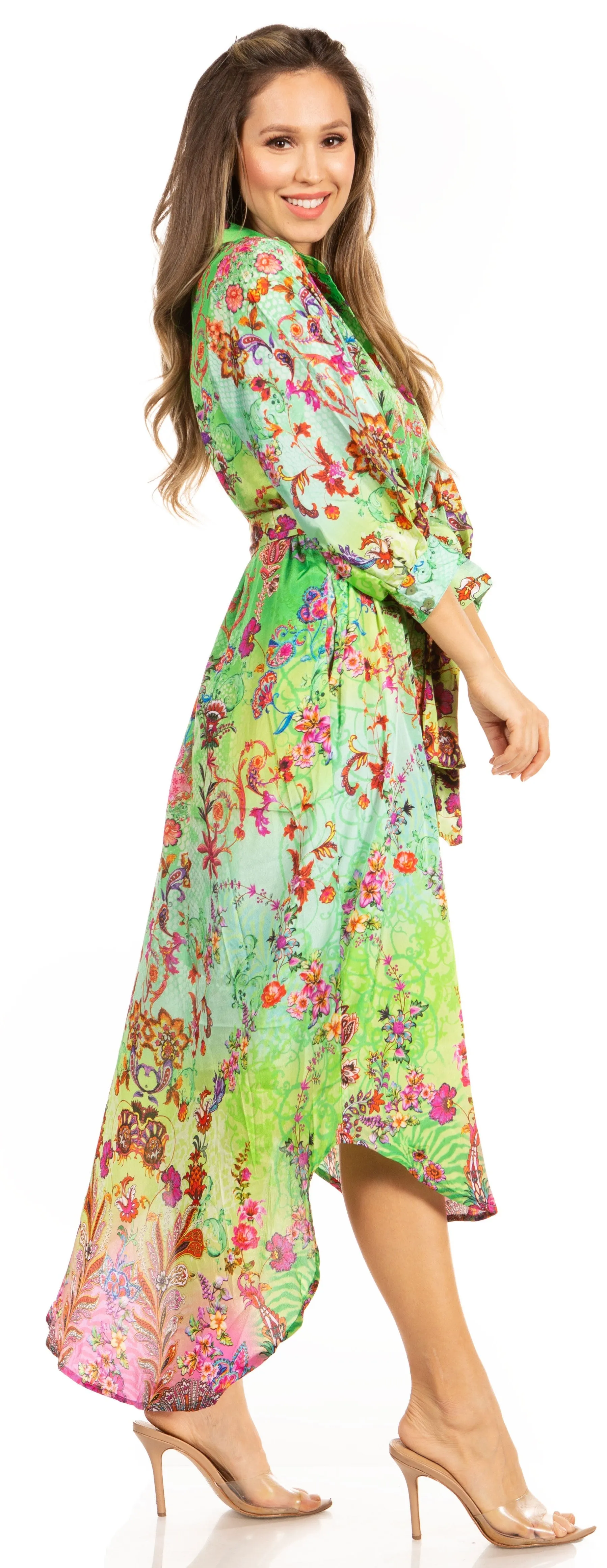 Sakkas Rina Women's Floral Print Maxi Dress with Long Sleeves and Flounce Shirt Design