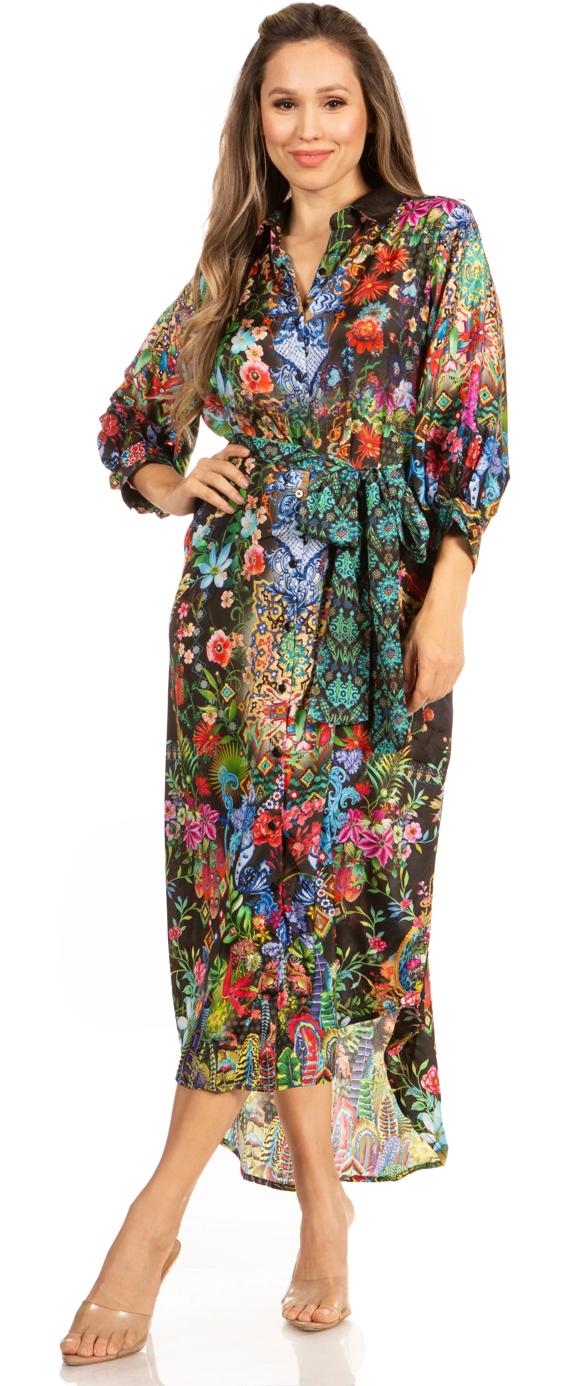 Sakkas Rina Women's Floral Print Maxi Dress with Long Sleeves and Flounce Shirt Design