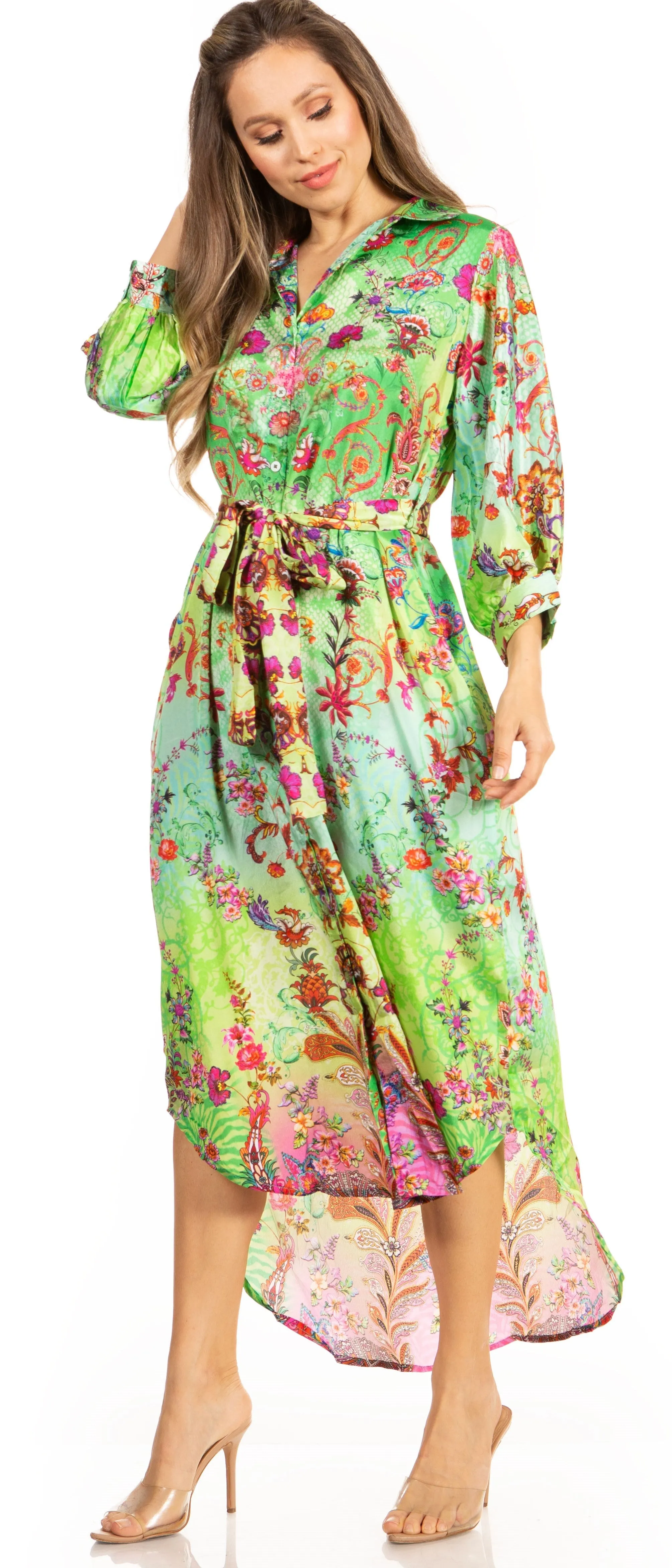 Sakkas Rina Women's Floral Print Maxi Dress with Long Sleeves and Flounce Shirt Design