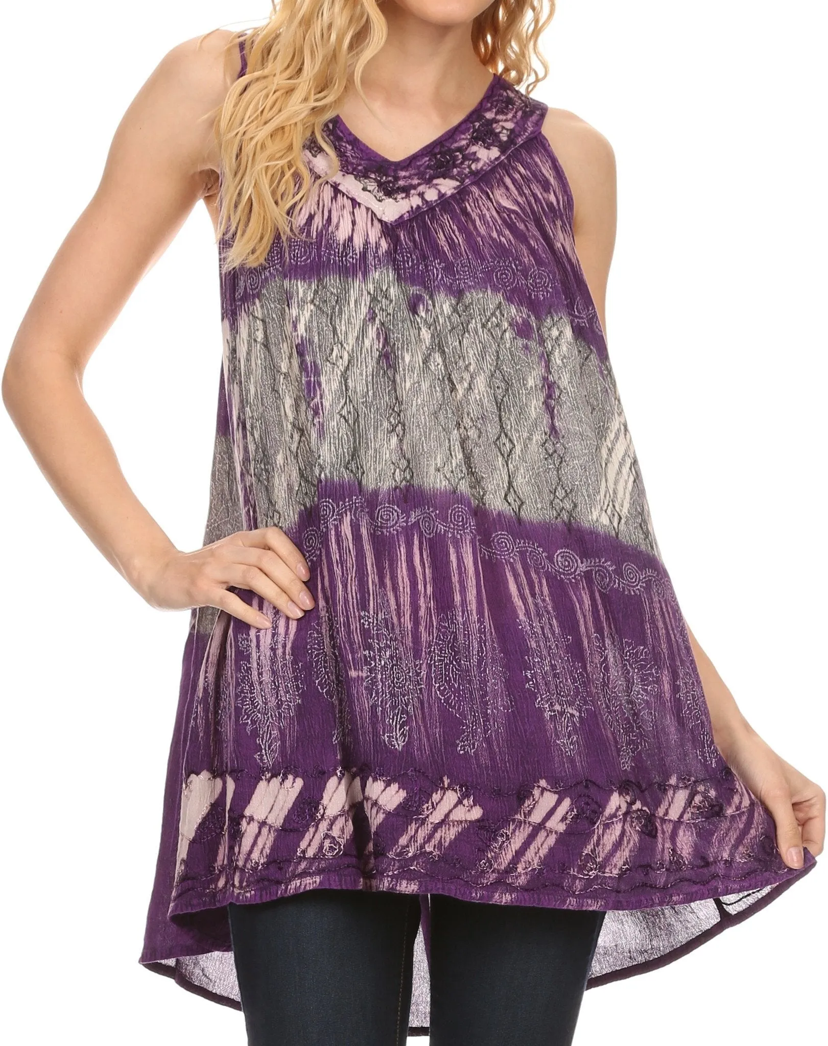 Sakkas Viennan Long Embroidered V Neck Tie Dye Print Tribal Shirt Blouse Tank Top