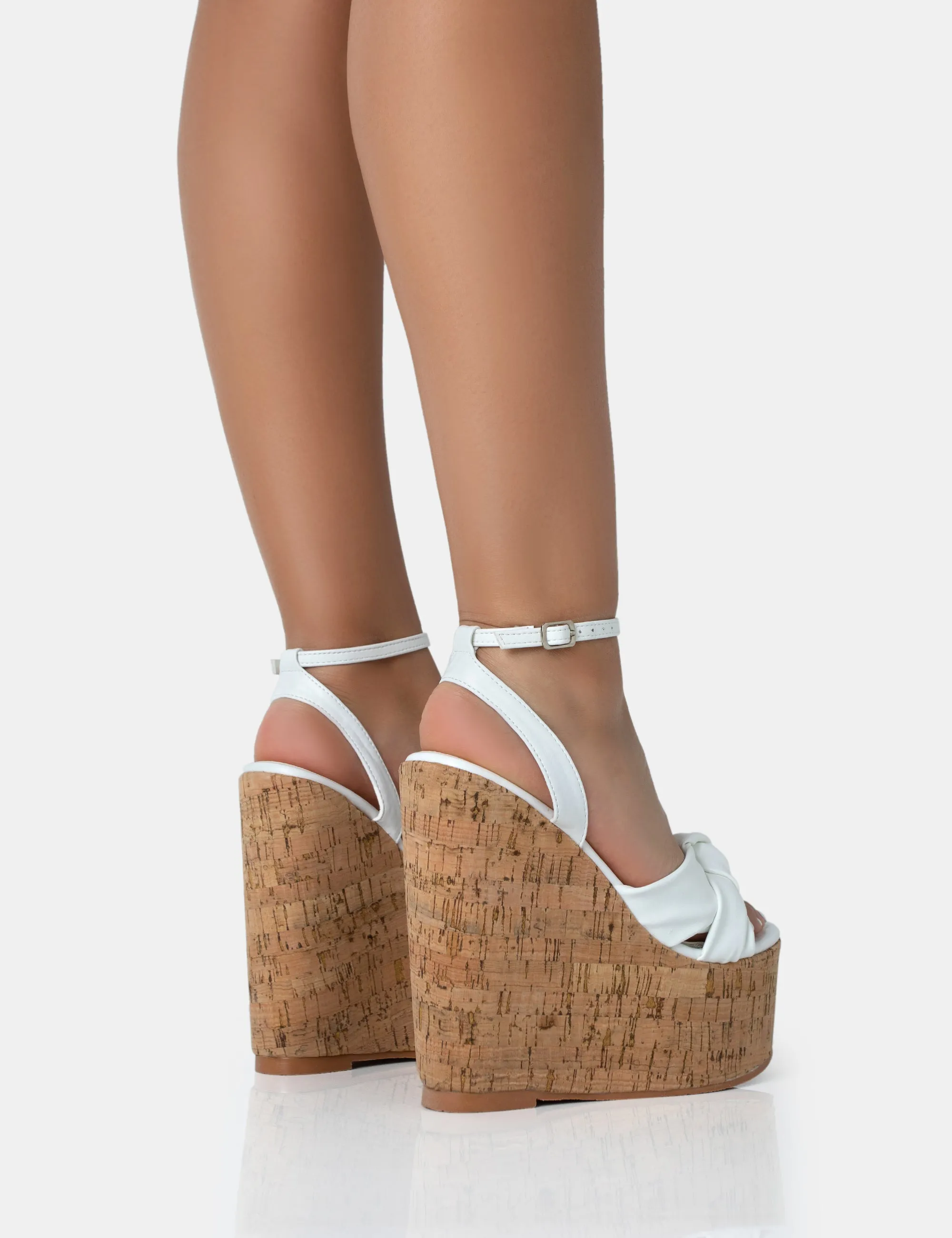 Sandy White PU Knot Strap Round Toe Cork Wedge Heels