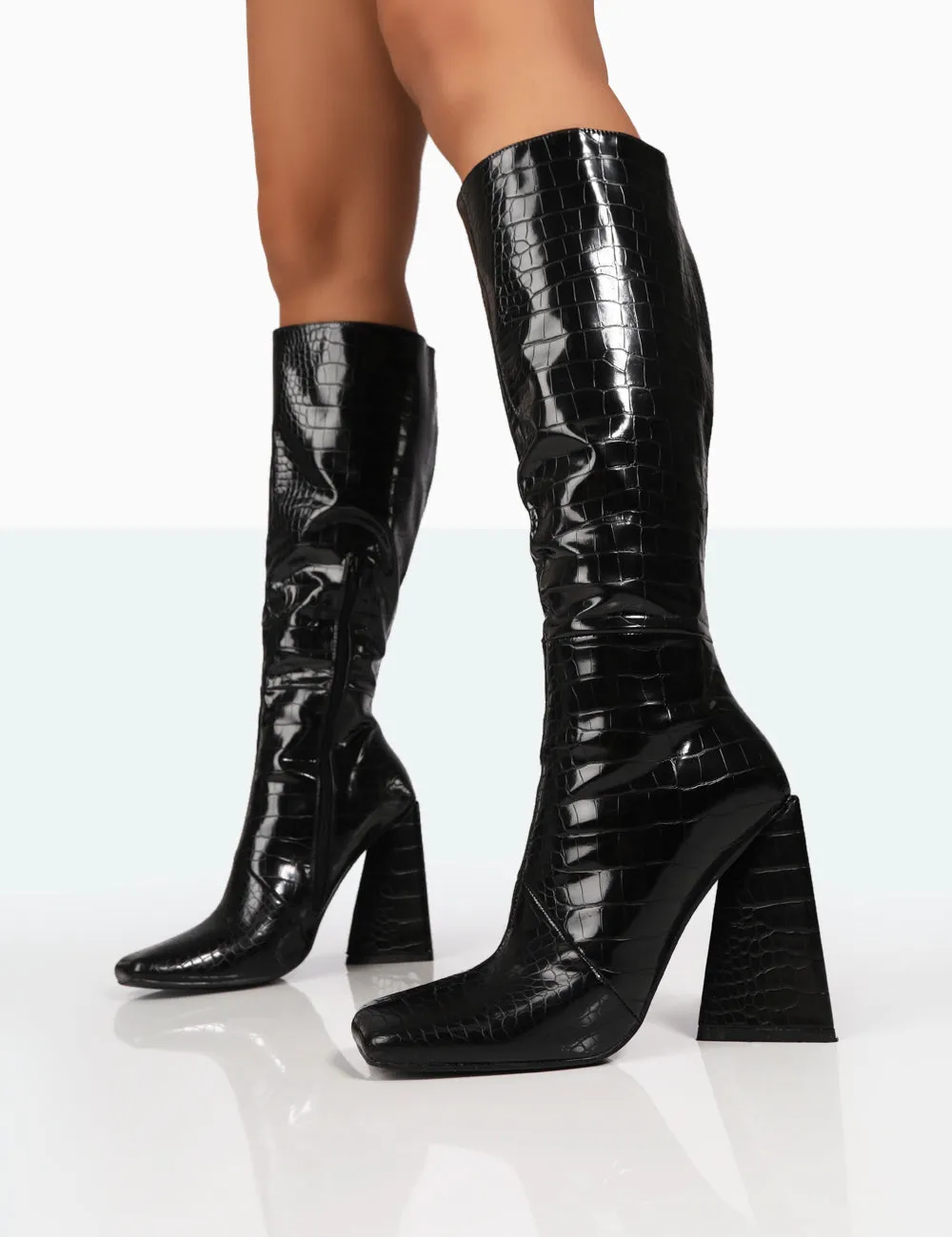 Senna Black Patent Croc Knee High Block Heel Boots