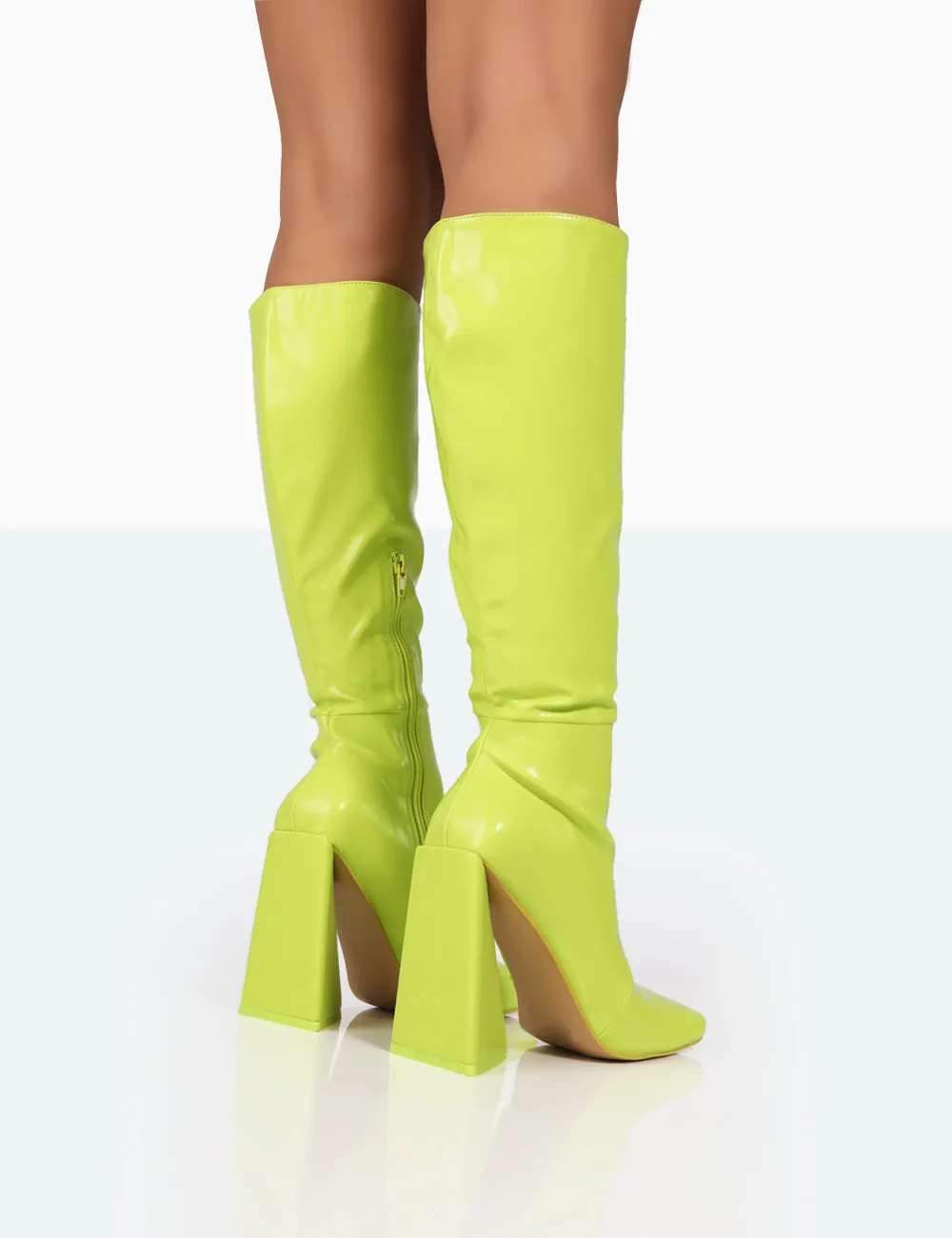 Senna Lime Pu Knee High Block Heel Boots