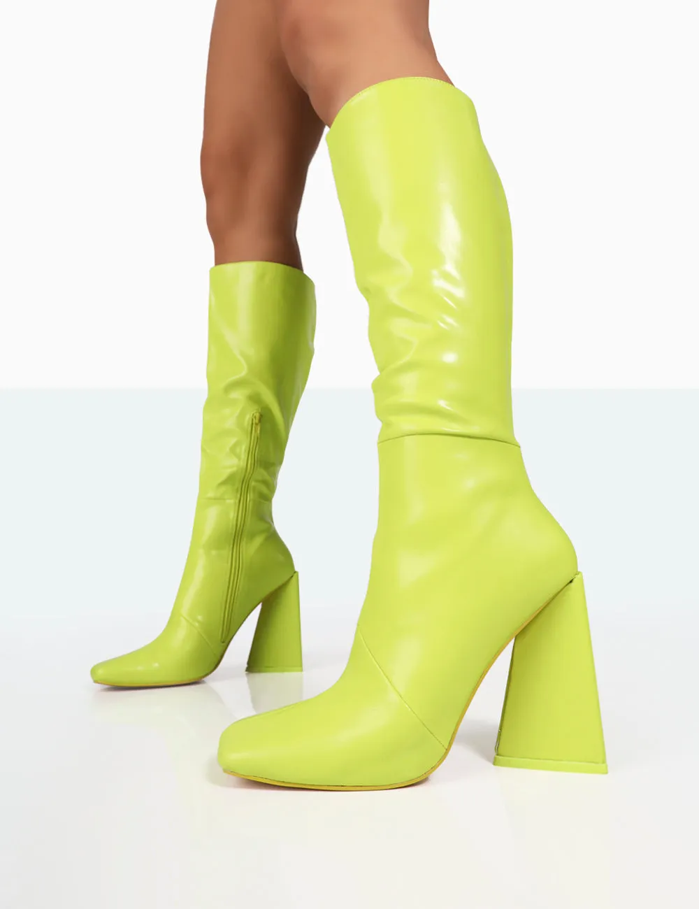 Senna Lime Pu Knee High Block Heel Boots