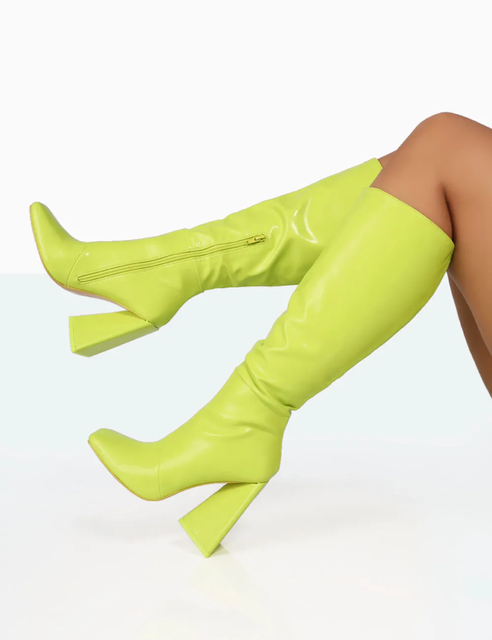 Senna Lime Pu Knee High Block Heel Boots