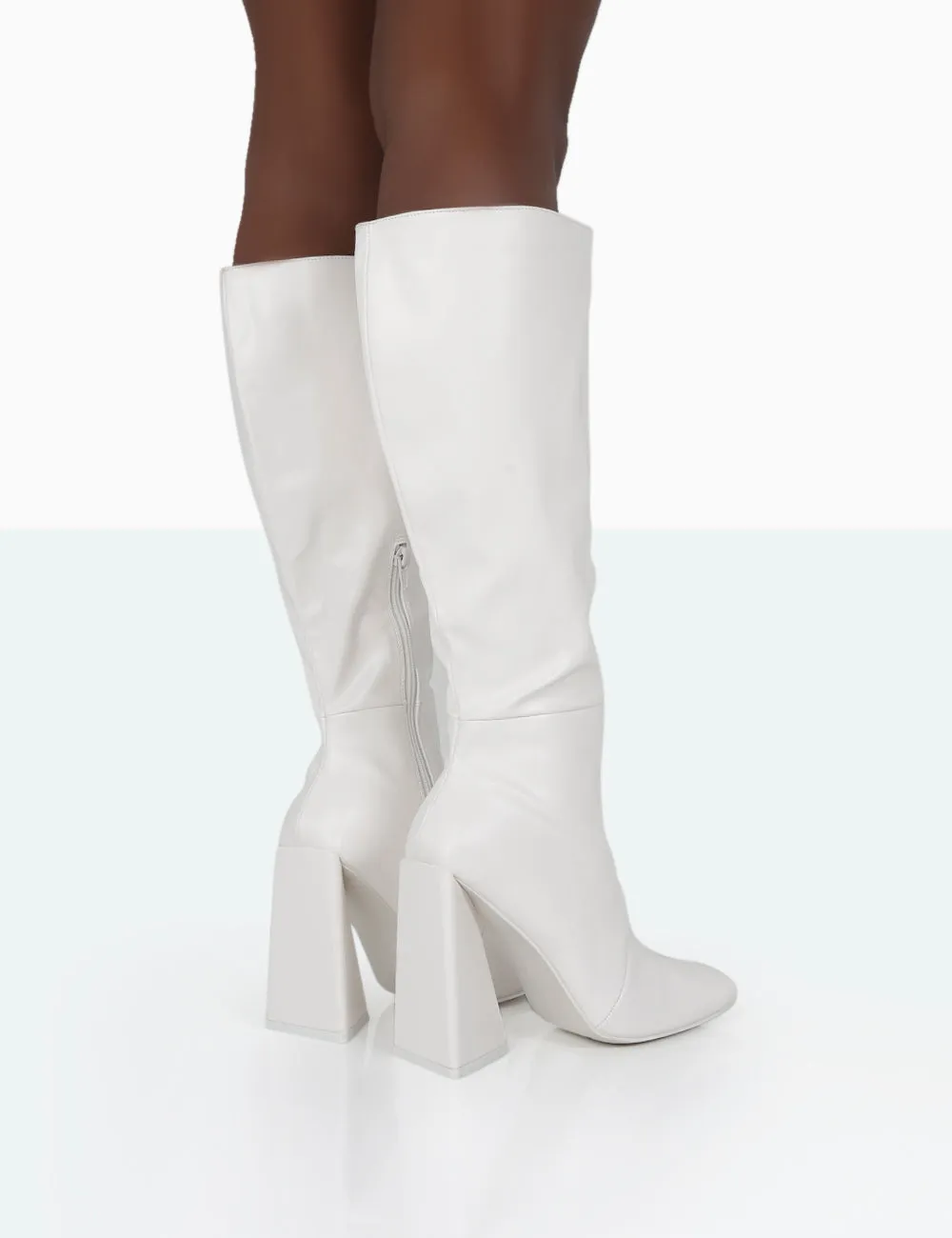 Senna Wide Fit Ecru PU Knee High Heeled Boots