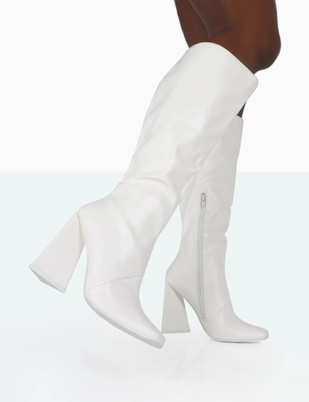 Senna Wide Fit Ecru PU Knee High Heeled Boots