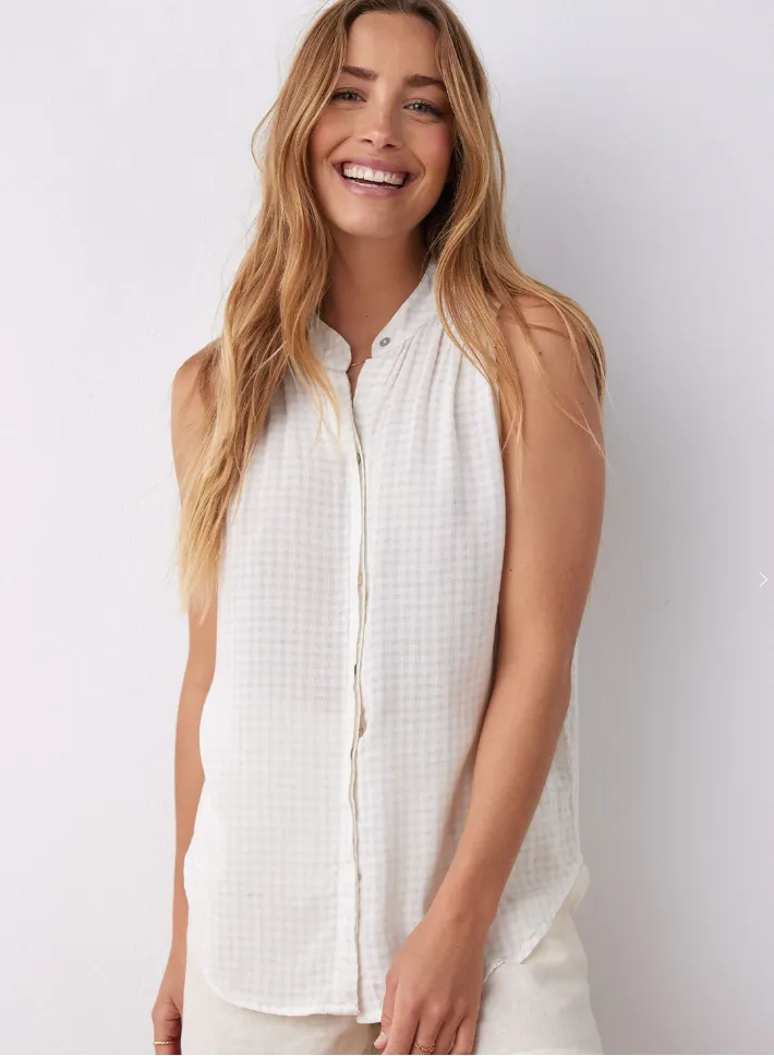 Sleeveless Smocked Button Down