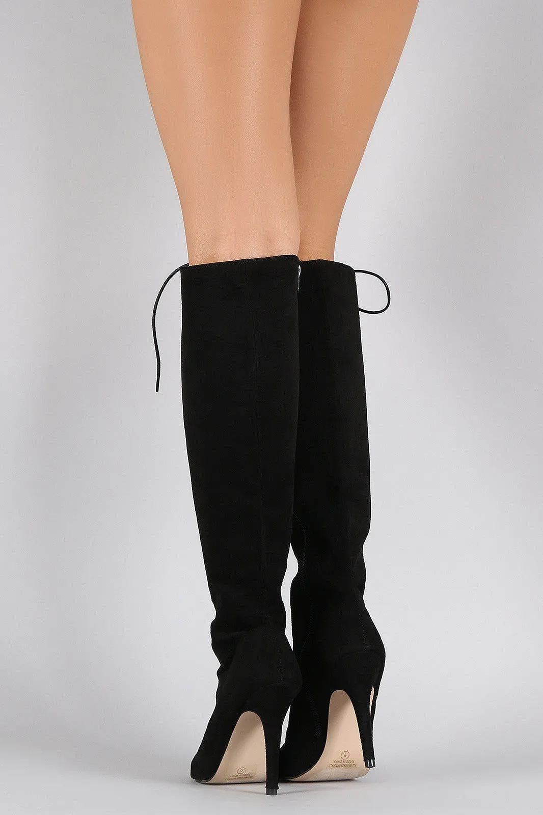 Suede Corset Lace Up Peep Toe Stiletto Knee High Boots