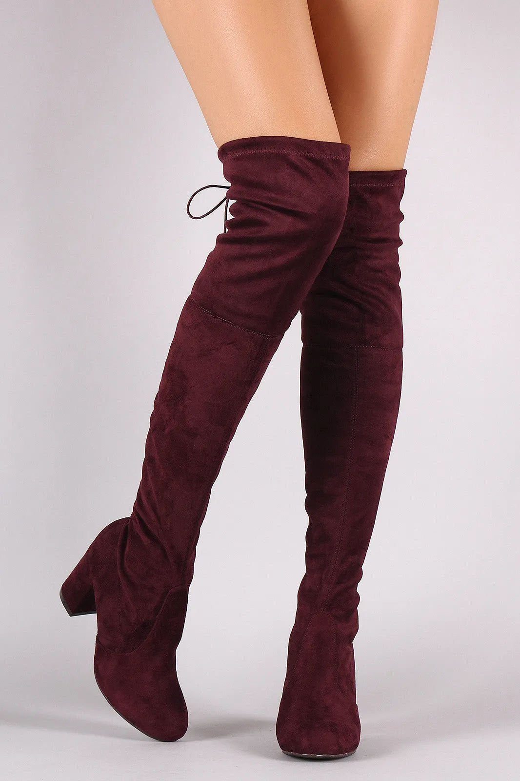 Suede Drawstring Tie Chunky Heeled Over-The-Knee Boots