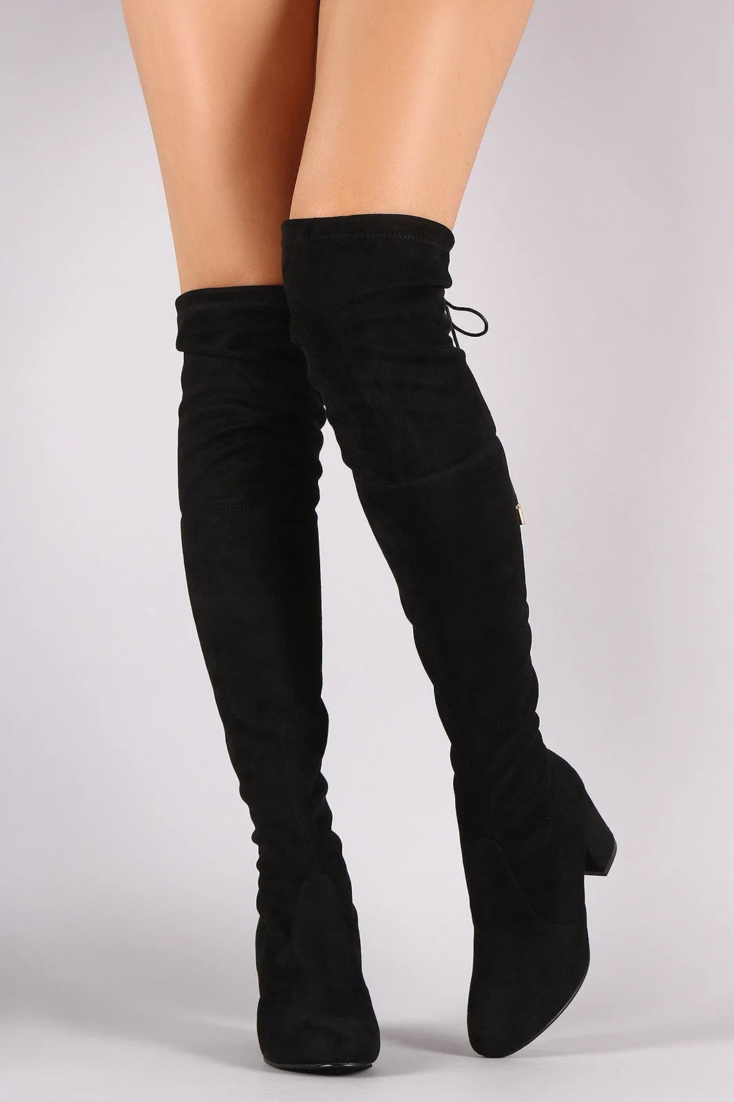 Suede Drawstring Tie Chunky Heeled Over-The-Knee Boots