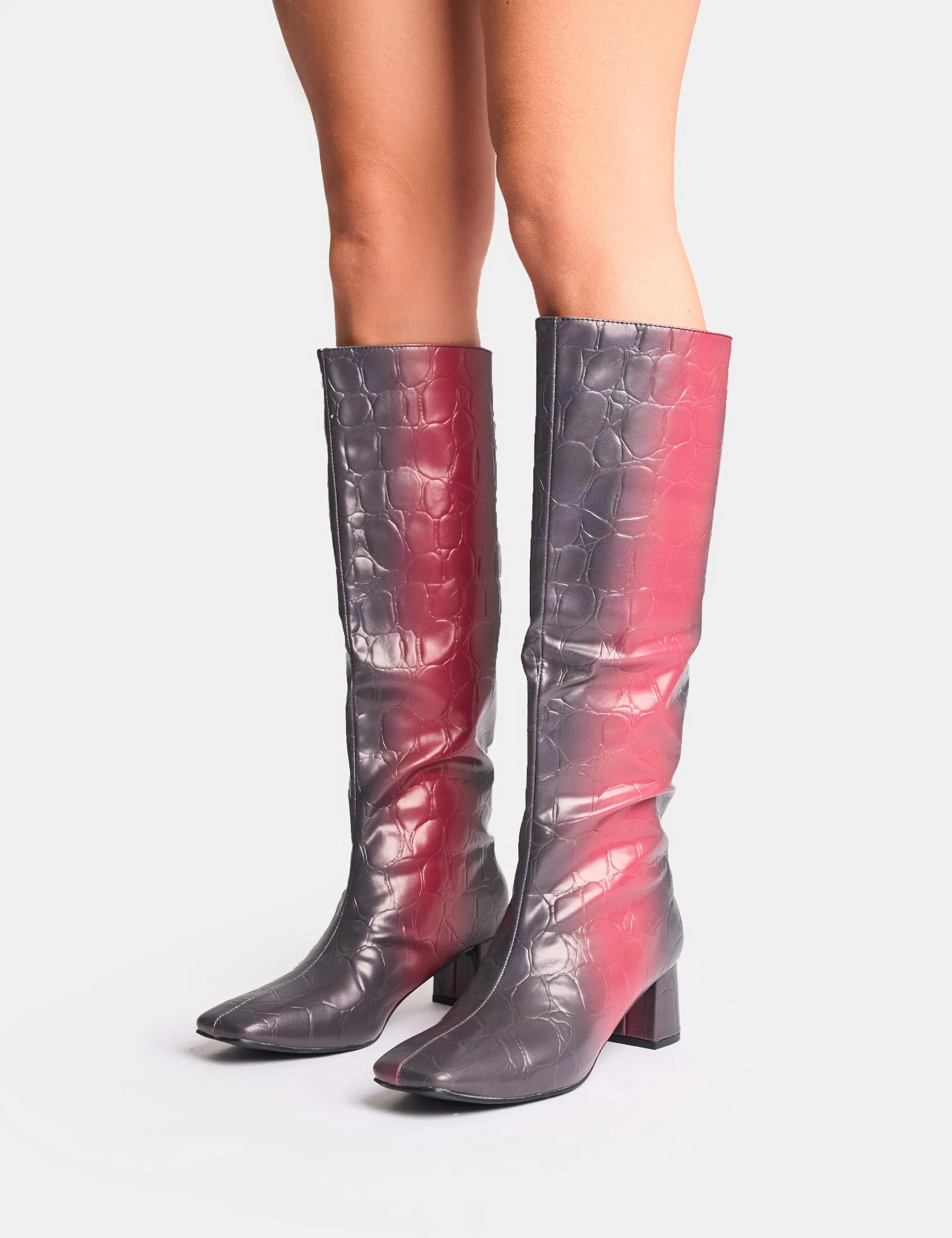 Tamira Red Ombre Block Heel Knee High Boots