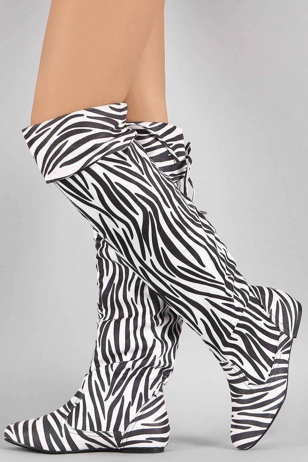 Zebra Print Round Toe Cuff Bow Tie Over-The-Knee Flat Boots